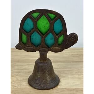 VTG 1960s MOD CAST IRON STAINED GLASS TURTLE BELL BLUE GREEN 4.5”